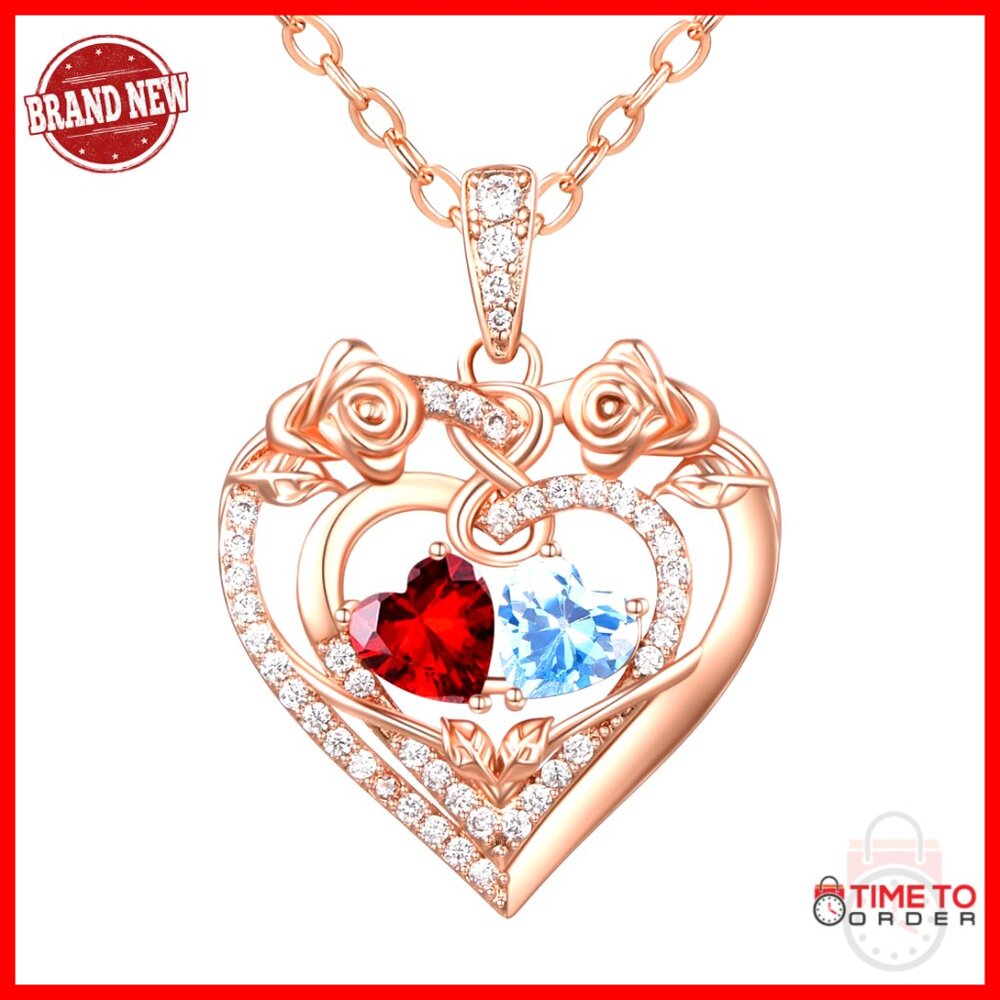 925 Sterling Silver Double Rose Heart Birthstone Pendant Necklace Gift